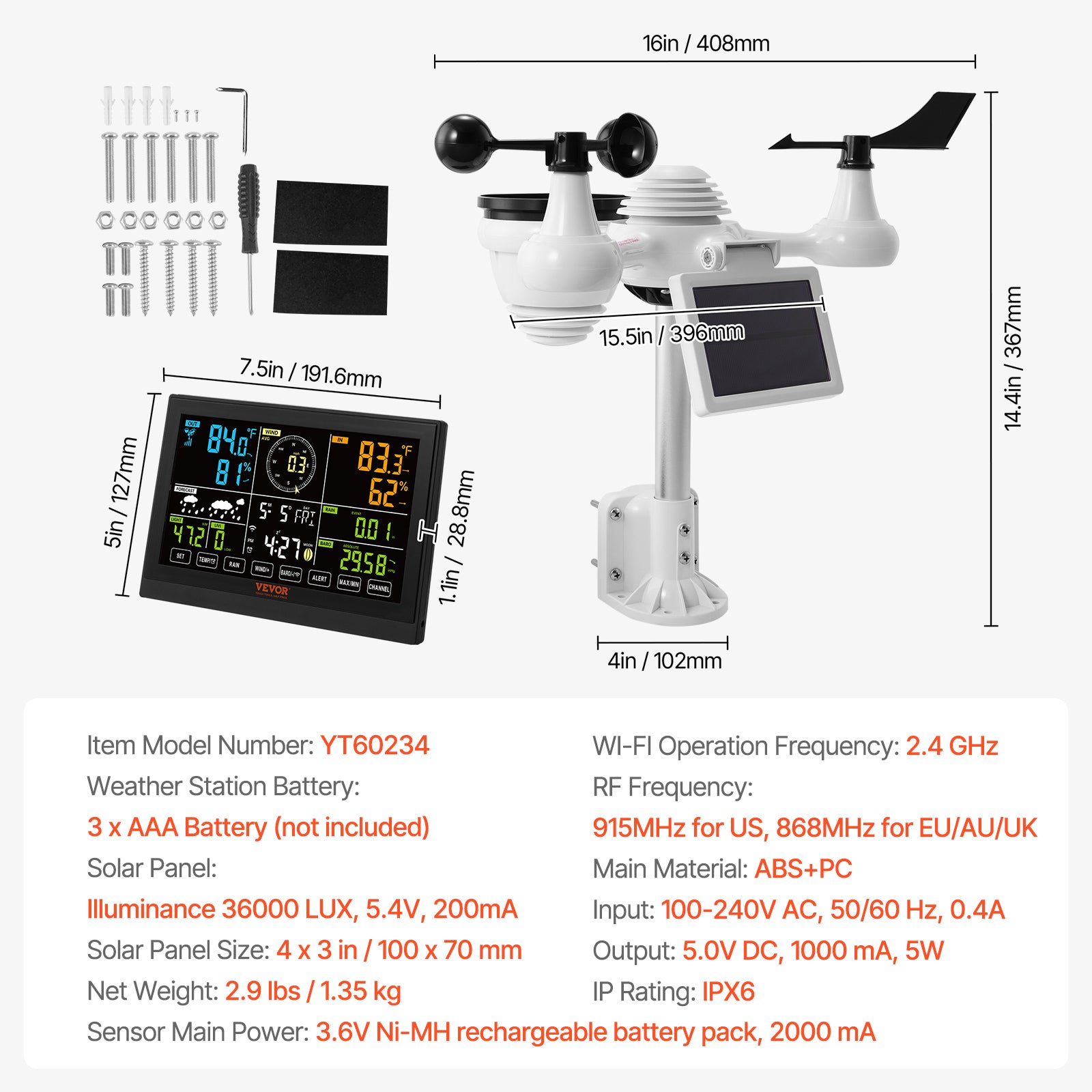 Estación Meteorológica WiFi 7 en 1 VEVOR con Pantalla a Color de 7,5", Estación Meteorológica Interior y Exterior con Sensor Exterior Inalámbrico Solar, Alertas de Temperatura, Humedad, Velocidad y Dirección del Viento y Precipitaciones