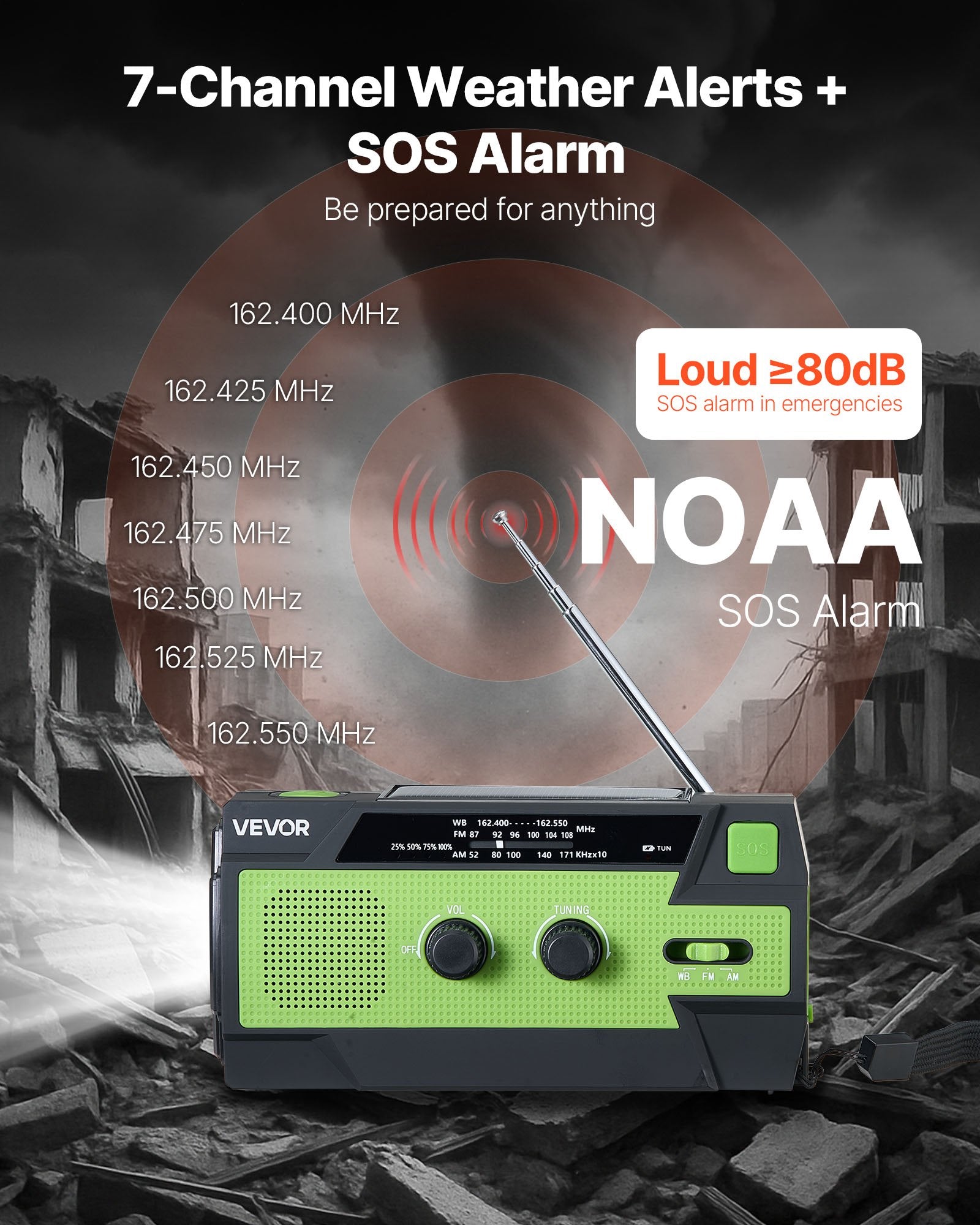 Radio de Emergencia con Alerta Meteorológica, Batería de 4000 mAh, Radio Solar con Manivela FM/AM/WB/NOAA, con Carga USB, Linterna y Alarma SOS, Portátil para Camping y Situaciones de Emergencia