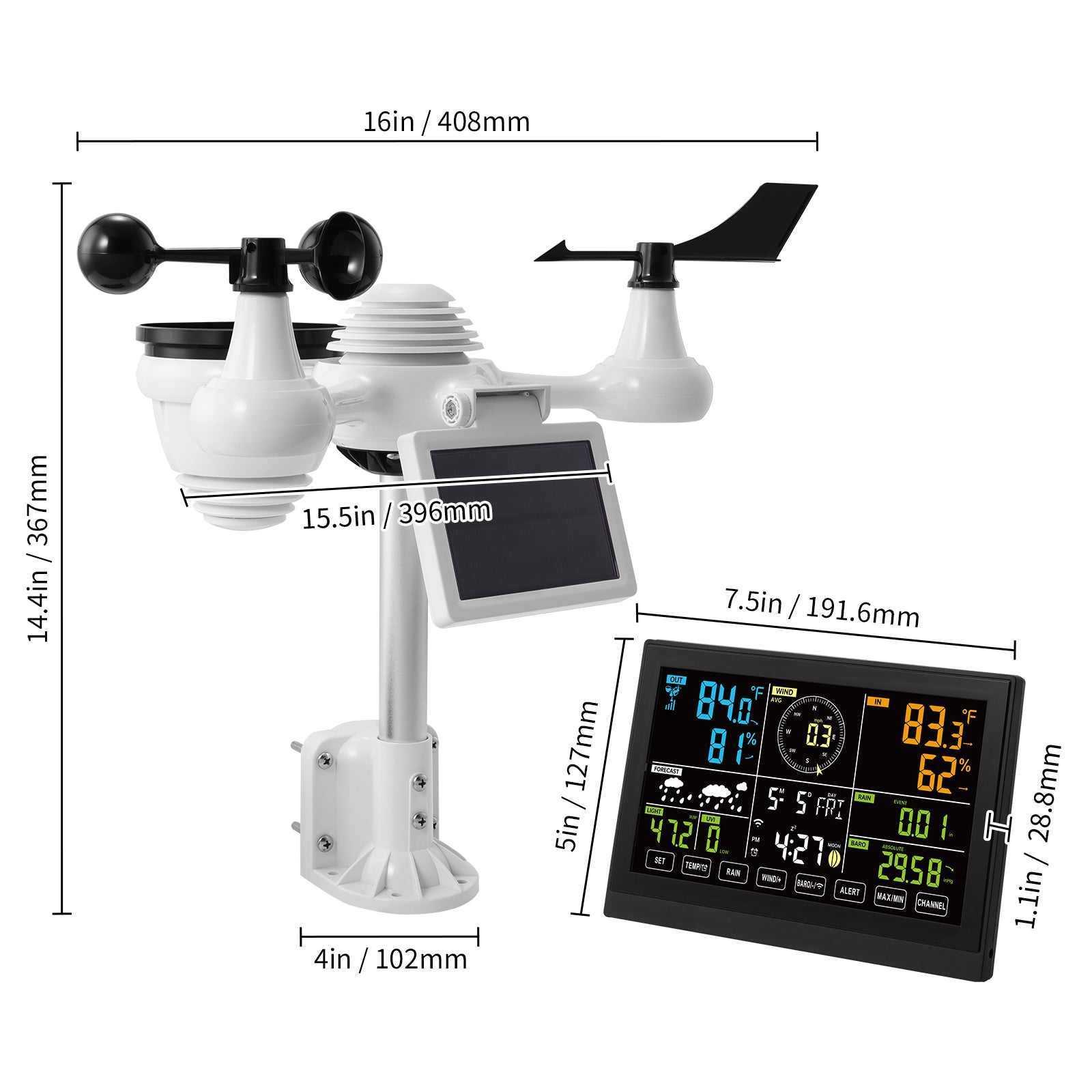 Estación Meteorológica WiFi 7 en 1 VEVOR con Pantalla a Color de 7,5", Estación Meteorológica Interior y Exterior con Sensor Exterior Inalámbrico Solar, Alertas de Temperatura, Humedad, Velocidad y Dirección del Viento y Precipitaciones